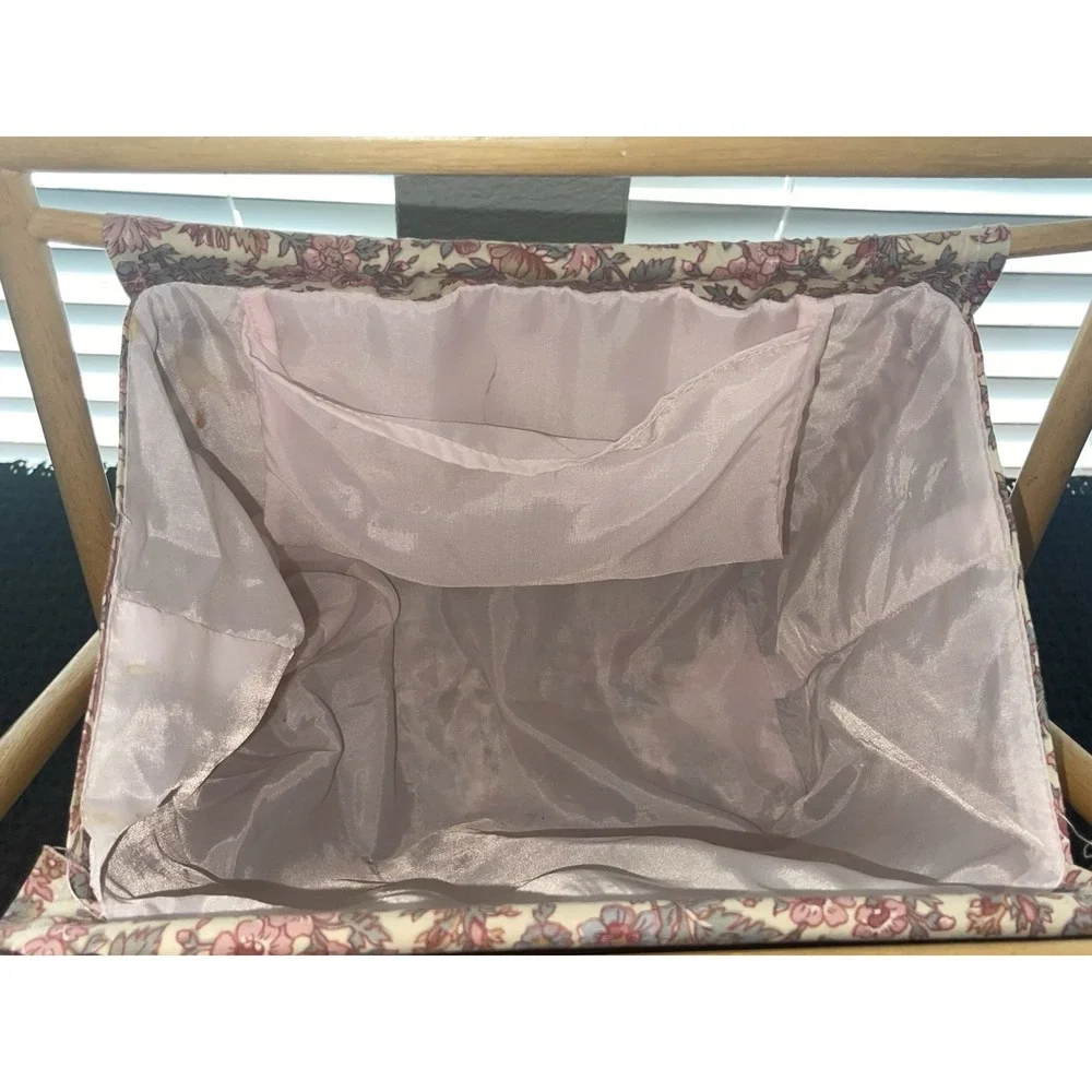 Vintage Foldable Sewing Yarn Knit Crochet Basket Caddy‎ Tote Bag Wood Frame MCM